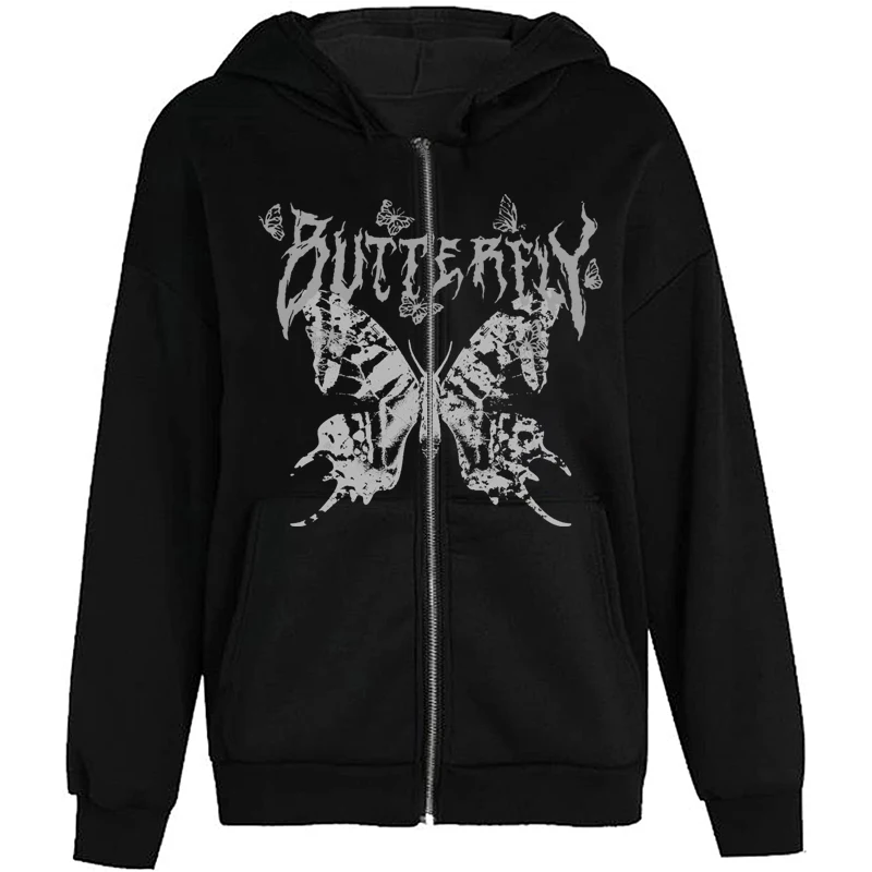 Women's Y2K Retro Dark Gray молния бабочка с капюшон Sweatshirt 90s Harajuku Punk Gothic Zip Up Hoodie Long-sleeved Loose Jacket