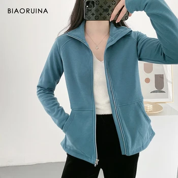 

BIAORUINA 3 Colors Women's Casual All-match Basic Lightweight Comfortable Velvet Liner Stand Collar Solid Color Sweatshirt