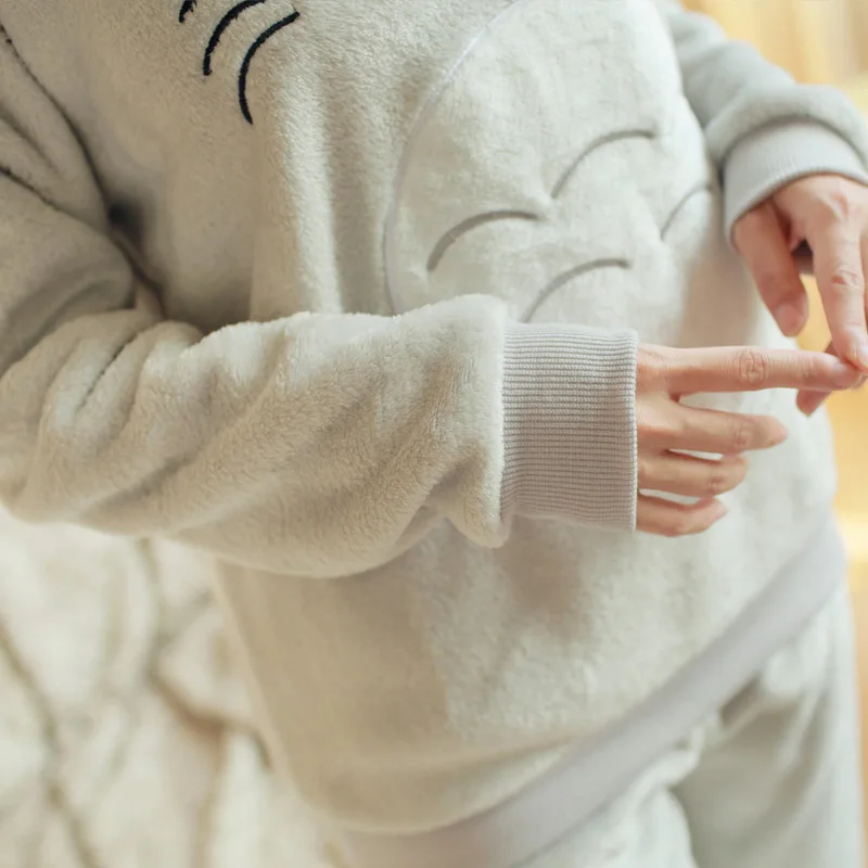 Drop shopping Winter Girl Cartoon Pajamas Long Sleeve Chinchilla Set Cute Totoro Round Neck women Flannel Pajamas sets female