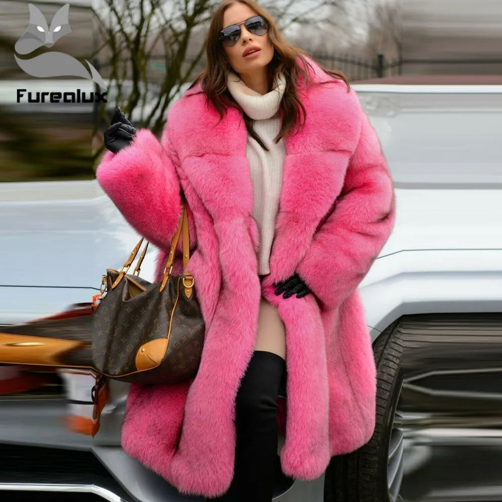 

Furealux Luxury Winter Real Natural Bule Fox Fur Coat With Big Turn-down Thick Warm Winter Whole skin Natural Fox Fur Coats