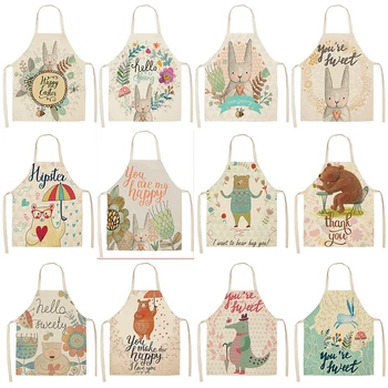

Rabbit Bear Letter Kitchen Aprons For Women Cotton Linen Bibs Household Cleaning Pinafore Home Cooking Apron 53*65cm WQL0032