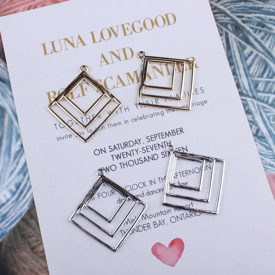 

20pcs/lot Gold Silver Color Square Geometric Shape Pendants DIY Earring Handmade Jewelry Finding Charms 34*37mm