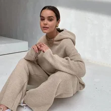 

Ladies Casual Loose Pants Set Pure Color Oversized Hooded Pullover and Lace-up Wide Leg Pants Ladies Set 2021 New
