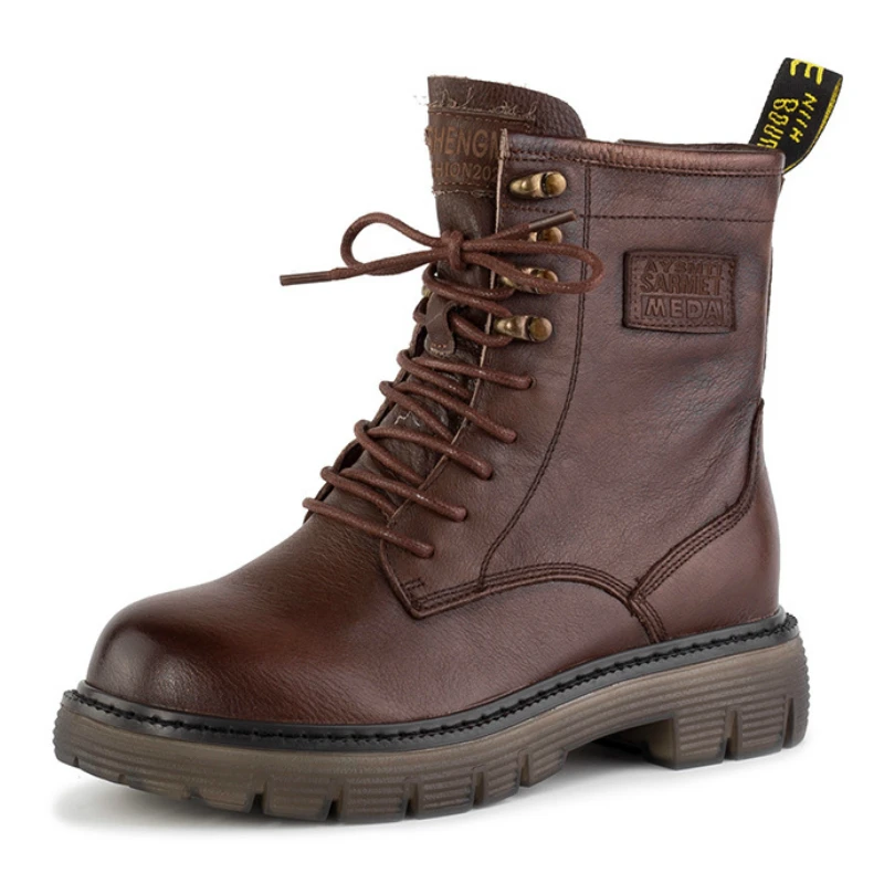 

Women Vintage Designer Biker Boots Genuine Leather Rivet Platform Square Heel Cross-tied Zip Retro Footwear Shoes Ladies Female