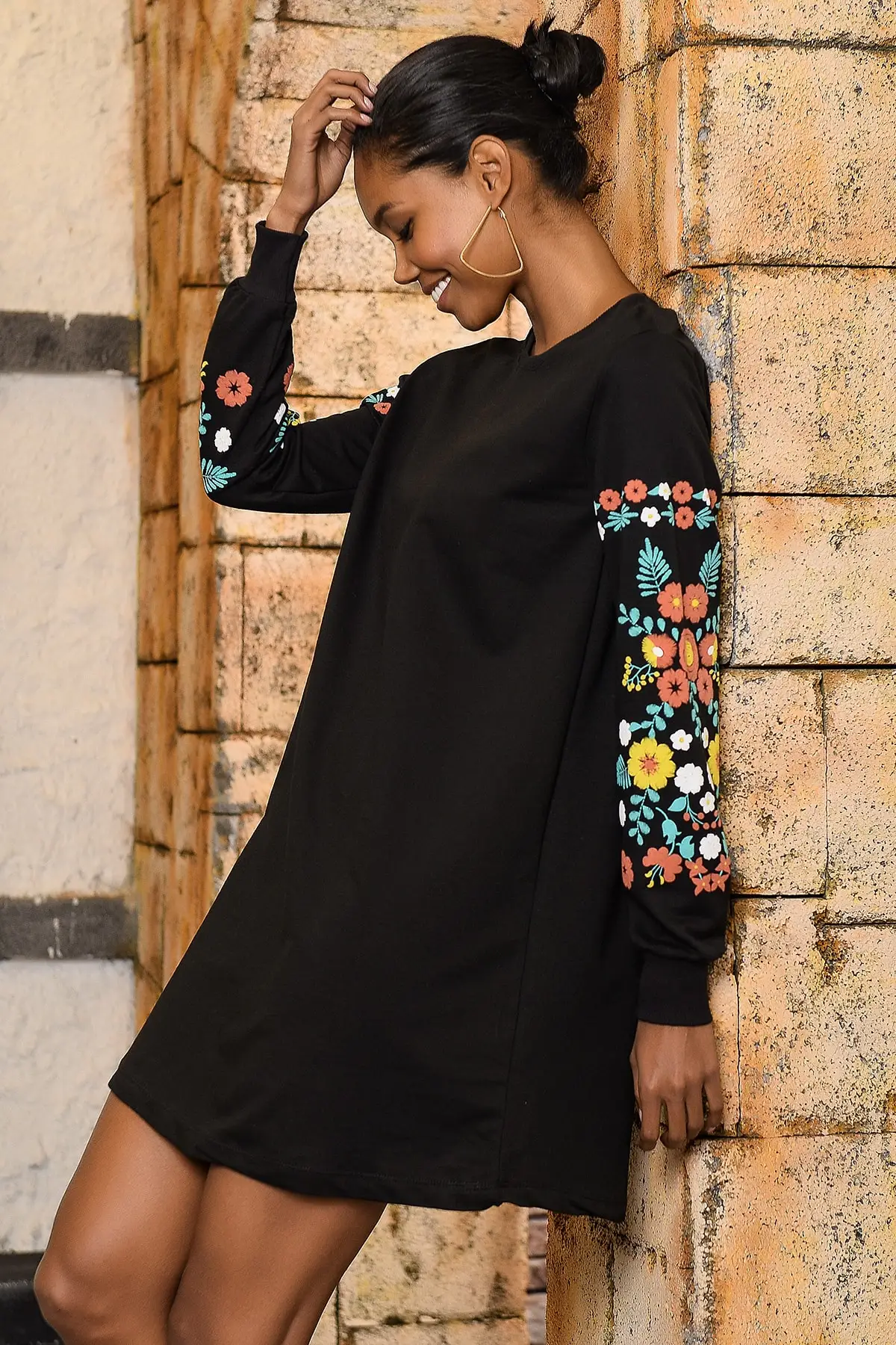 Trend: Alacati Style Women Black Handle Embroidery Printed Sweat Dress ALC-X3095 |