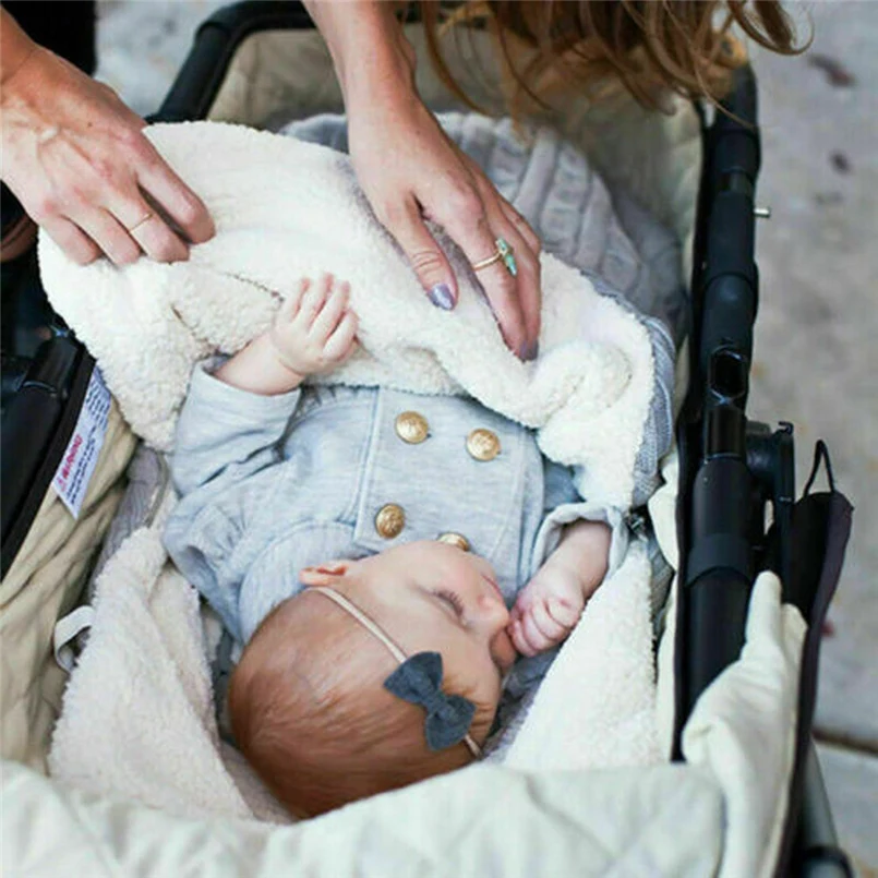 Winter baby stroller sleeping bag outdoor button baby knitted sleeping bag wool plus velvet thick quilt warm  sleeping bag 30D5 (11)