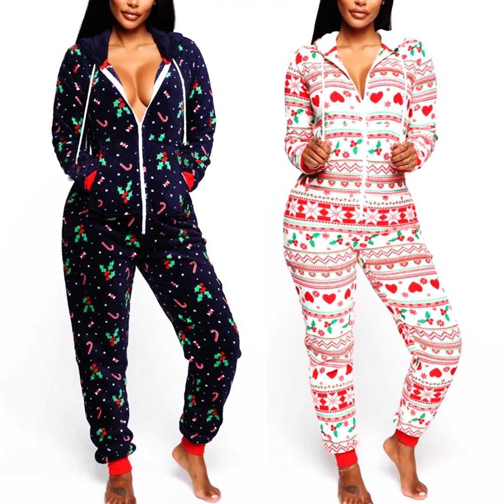 

Autumn Winter Christmas Printed Pajamas Jumpsuits Women Casual Long Sleeve Hooded Zipper Cotton Sleepwear Warm Homewear