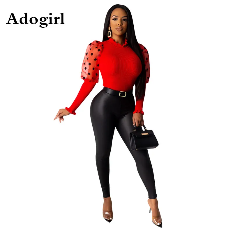 Свитер в горошек из прозрачной сетки с пышными рукавами однотонные футболки