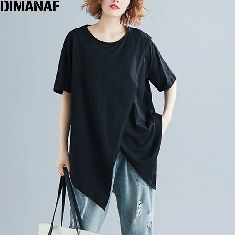 

DIMANAF 2019 Plus Size Women T-Shirt Oversize Basic Short Sleeve Cotton O-Neck Female Patchwork Black White Loose Tops&Tees
