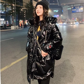 

Glossy Winter Down Coat For Women Long 2020 New Warm Down Parka Jacket Winter White Duck Down Coats Jackets Hooded Loose Outwear
