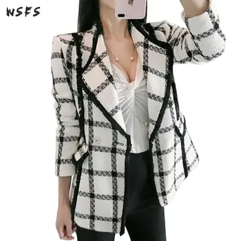 

Spring Autumn Suit Coats Windbreaker Womens White Black Plaid Elegant Ladies Korean Slim Trench Tweed Coat Outerwear Overcoat