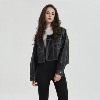 

Spring Women Long Sleeve PU Faux Leather Loose Short Jackets Female Turn Down Collar Motorcycle Biker Coats Streetwear