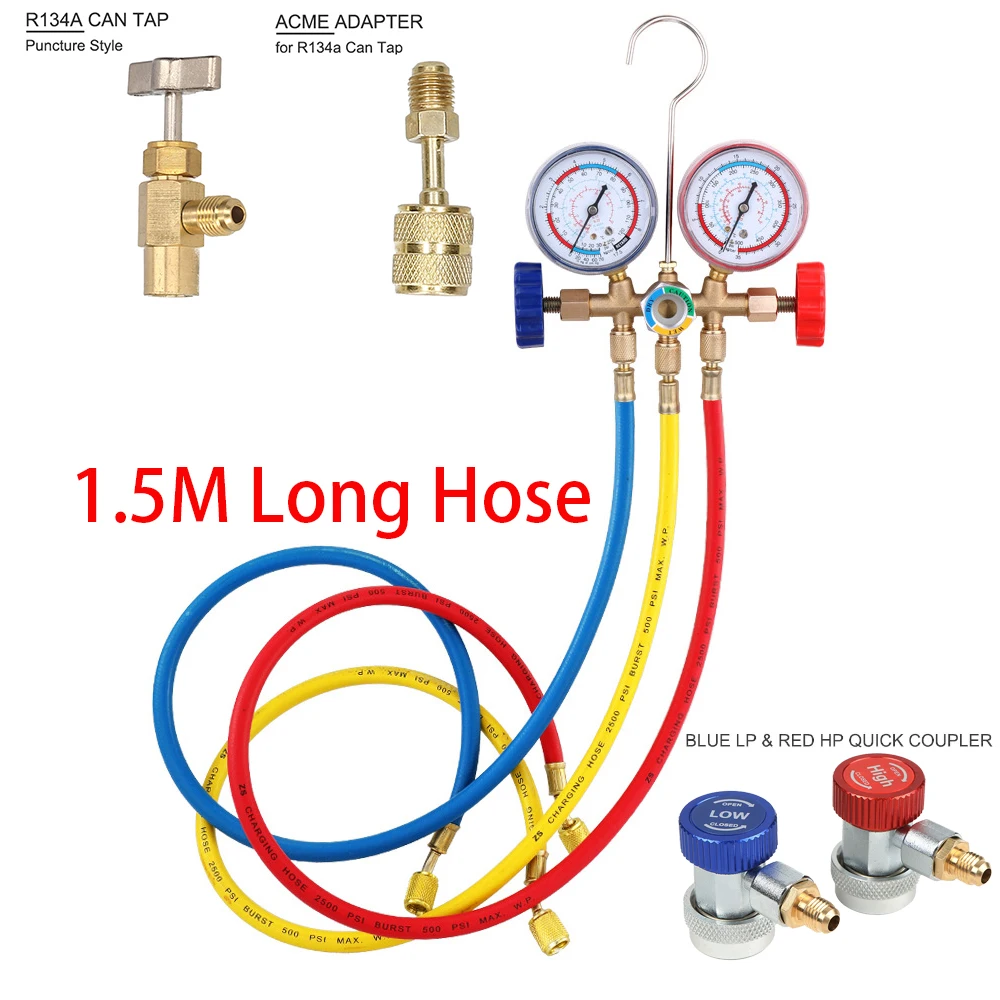 3 Way AC Manifold Gauge Set with Hoses Couplers & Adapter Refrigerant AC Gauges Automotive AC