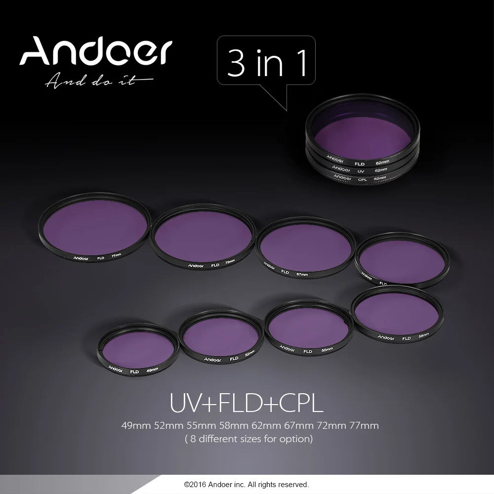 Набор фильтров Andoer 49 мм(UV+ CPL+ FLD)+ нейлоновый чехол для переноски+ крышка объектива+ держатель крышки объектива+ бленда+ салфетка для очистки объектива
