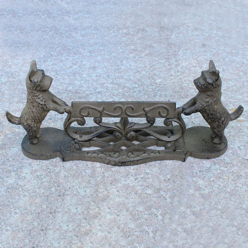 

European Two Standing Dogs Figure Around Fleur de lis Design Cast Iron Boot Scraper Animal Door Stopper
