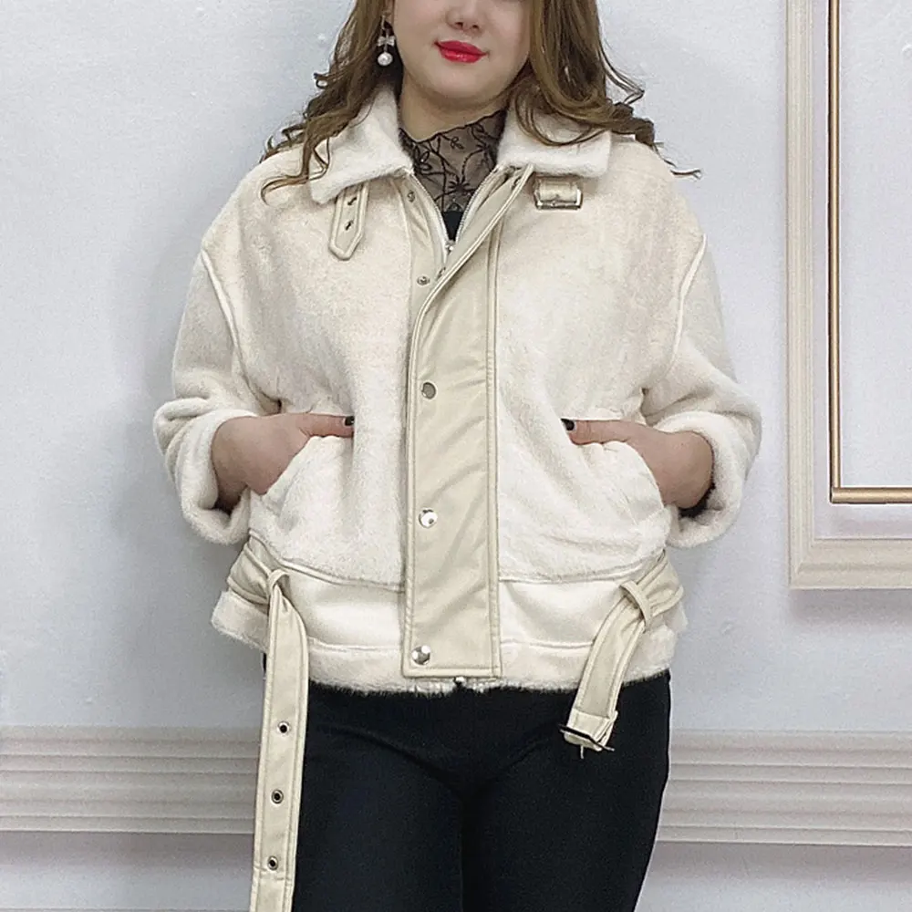 

Winter Women Moto Biker Fur Jacket Oversize Loose Casual Motorcycle Coat Simple Warm PU Leather Splice Outerwear Fashion 2020