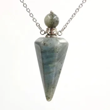 

Silver Plated Hexagon Pyramid Labradorite Stone Perfume Bottle Pendant Link Chain Necklace Rock Crystal Jewelry