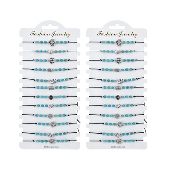 

12 pcs/set Bohhemia Blue Natural Stone Beads Bracelets Women Adjustable Weave Elephant Owl Chain Bracelet Wristband Jewelry Gift