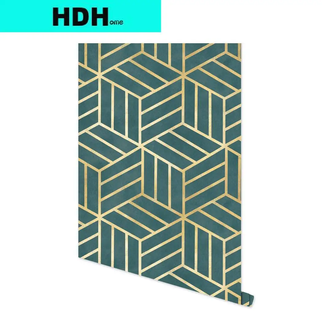 Dark Green Geometric Hexagon Self Adhesive Wallpaper Golden Striped Peel and Stick Contact Paper Shelf Liner Vinyl Wallpaper