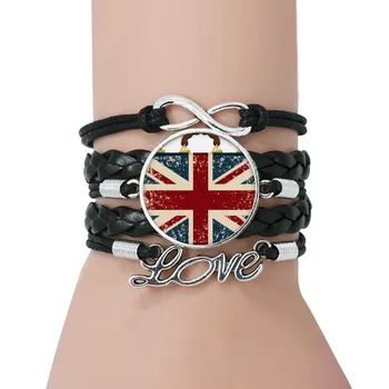 

Union Jack Retro Suitcase Britain UK Flag Culture Bracelet Love Black Twisted Leather Rope Wristband