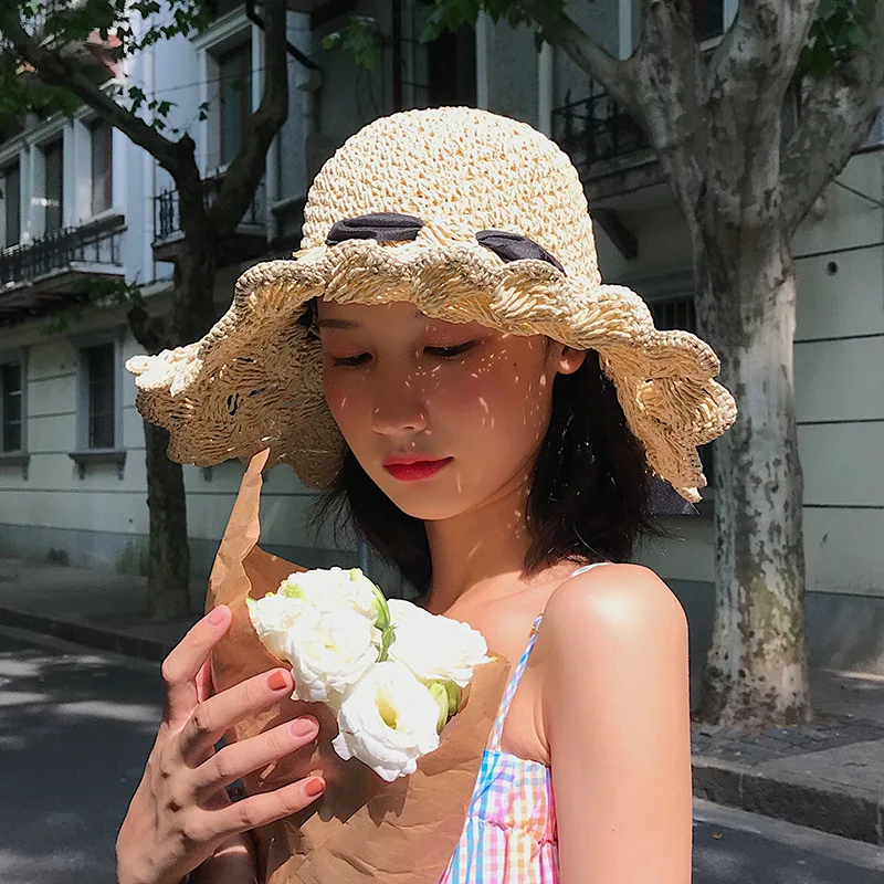 

Japanese-style Straw Hat Women's Bow Handmade Straw Hollow out Big Brim Topee UV-Protection Beach Seaside Hat Fashion