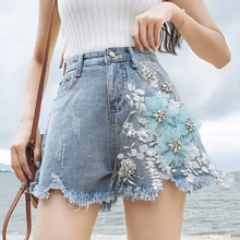

2021 Summer Fashion Women Shorts Plus Size Jean High Waist Wide Leg Tassel Embroidery Flower Red Black Blue Denim Shorts Female