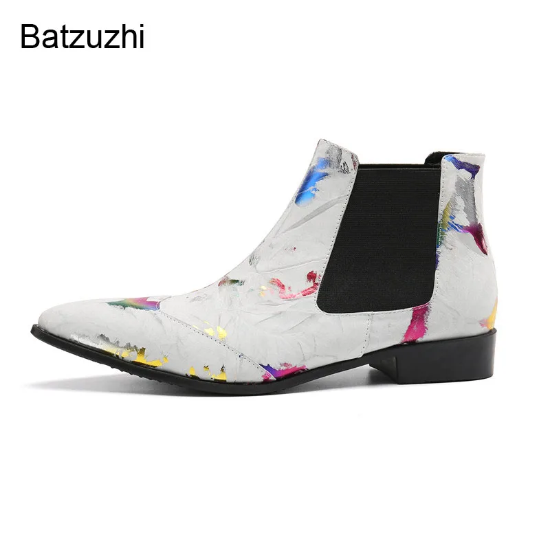 Batzuzhi New Design Men's Shoes Pointed Toe Black White Soft Leather Ankle Boots Men Slip on Fashion Motorcycle Botas Hombre