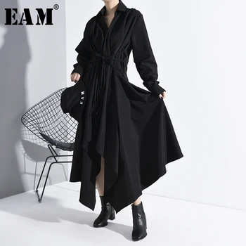 

[EAM] Women Black Asymmetrical Bandage Long Shirt Dress New Lapel Long Sleeve Loose Fit Fashion Tide Spring Autumn 2020 A534