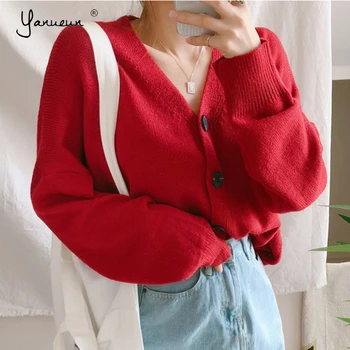 

Yanueun Women Cardigans Autumn Spring Sexy V Neck Cardigans Knitted Button Single Breasted Fashion Korean Loose Tops