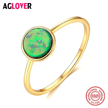 

AGLOVER New Genuine 925 Sterling Silver Ring Green Round Opel Ring 18K For Woman Charm Fashion Birthday Jewelry Girl Gift