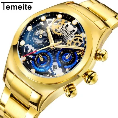 

Men Quart Watch Chronograph Military Fashion TEMEITE Calendar Multifunctional Waterproof Steel Strip with Three Time Zones Gifts