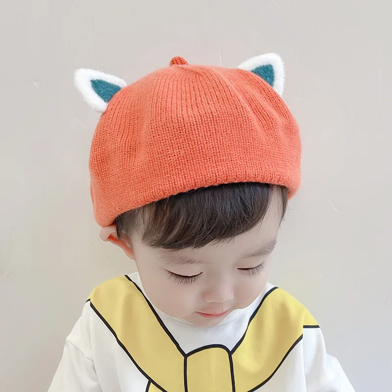 

2021 New Children's Winter and Autumn Beret Spring and Autumn Thin Knit Bear Ears Animal Retro Artist Painter Beanie Pumpkin Hat