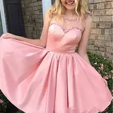 graduation dress for women Pink Lace Appliques Sheer Jewel Neck Knee Length A Line Soft Satin Homecoming Prom Dresses For women