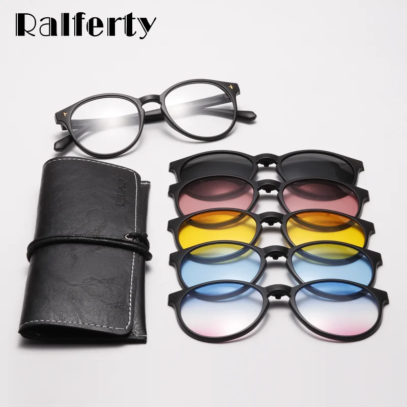 Ralferty 5 In 1 Round Clips On Glasses Polarized UV400 Women Anti Blue Magnetic Sunglasses Driving Optic Sun Glasses Frame