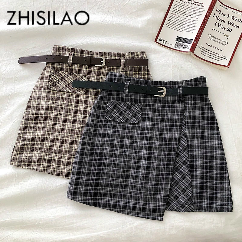 

Irregular Plaid Skirt Women Lattice High Waist Skirt Mujer Elegant Vintage A-line Skirt Mujer with Sashes Autumn Spring 2019