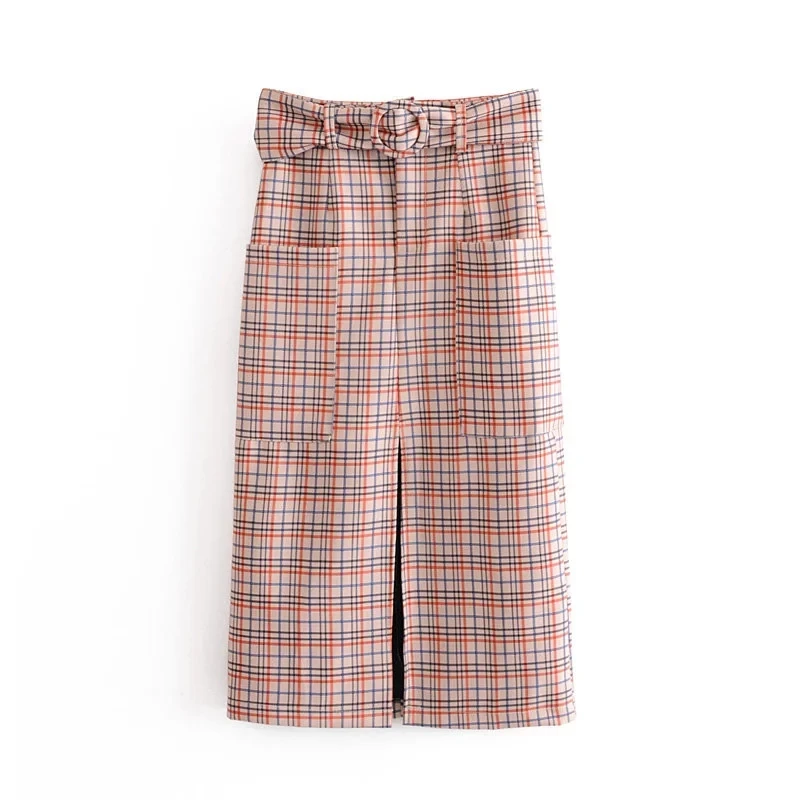 Withered england style elegant vintage sashes forking package hips midi skirt women faldas mujer moda long skirts womens - Цвет: plaid