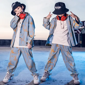 

Korean Version Children'S Street Dance Suit Boys Hip Hop Clothing Girls Denim Shirt Handsome Autumn Jazz Dance Costumes DL4832