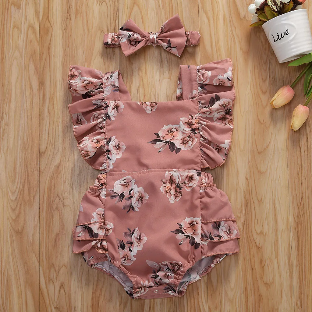 Toddler Newborn Baby Girls Ruched Floral Print Romper Bodysuit Outfits Clothes