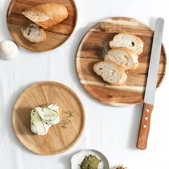 

Rubber Acacia Wood Solid Snack Round Plate Cake Fruit Dishes Saucer Tea Tray Sushi Board Dessert Dinner Plate Party Tableware