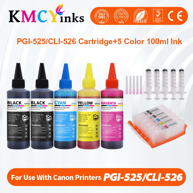 KMCYinks PGI-525 CLI-526 XL чернильные картриджи + PGI 525 500 мл краска на основе красителя для Canon