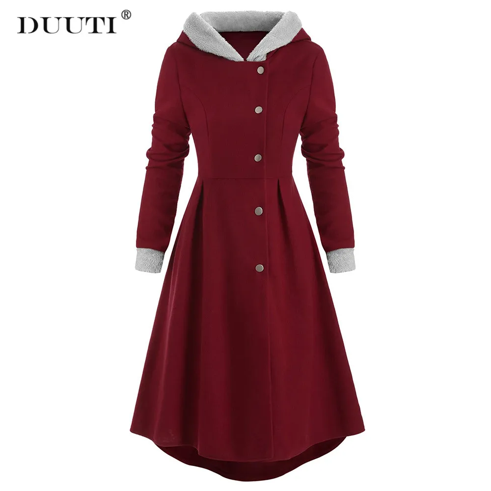 

DUUTI Women Hooded Windbreaker Jacket Plus Size Solid Color Retro Spring Autumn Warm Casual Single Breasted Long Sleeve Coat D25