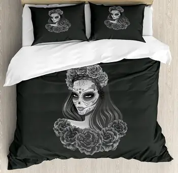 

Day of The Dead Duvet Cover Set Gothic Young Girl in Calavera Make up Hairstyle with Roses Decorative 3 Piece Bedding Set
