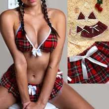 Uniforme d'étudiant Cosplay Sexy 3 pièces pour femmes, ensemble Mini jupe et g-string en maille Triangle Bustier doux vêtements de nuit