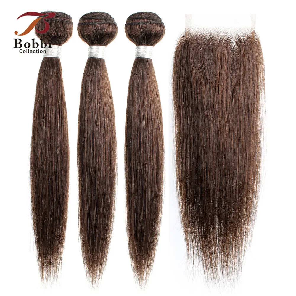 

BOBBI COLLECTION Color 2 Brown Peruvian Straight Hair Bundles with Closure 2/3 Bundles with Closure Brown Non-Remy Human Hair