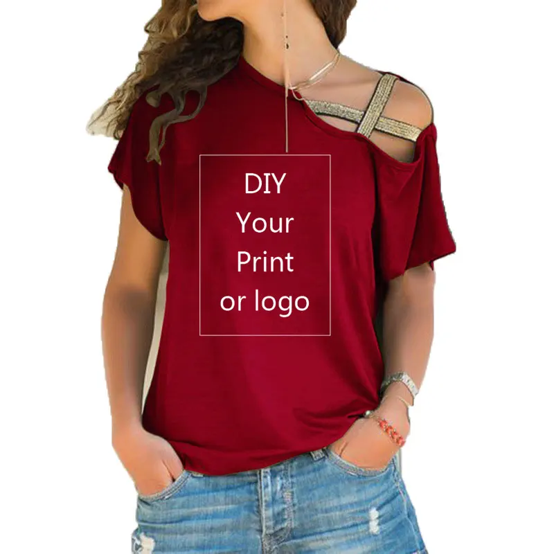 Customized Print T Shirt for Women DIY Your like Photo or Logo Top T-shirt Femme Irregular Skew Cross Bandage Size S-5XL Tees 3