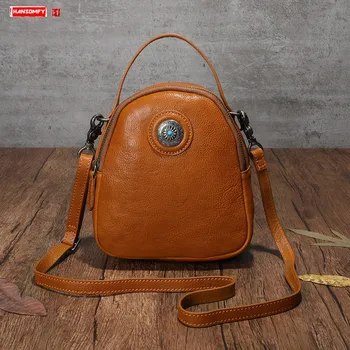 

Small Backpack Women's Bag 2020 Double Zipper Backpacks Hand Bag Shoulder Bag Retro Handmade Female Bags Cowhide Leather Casual