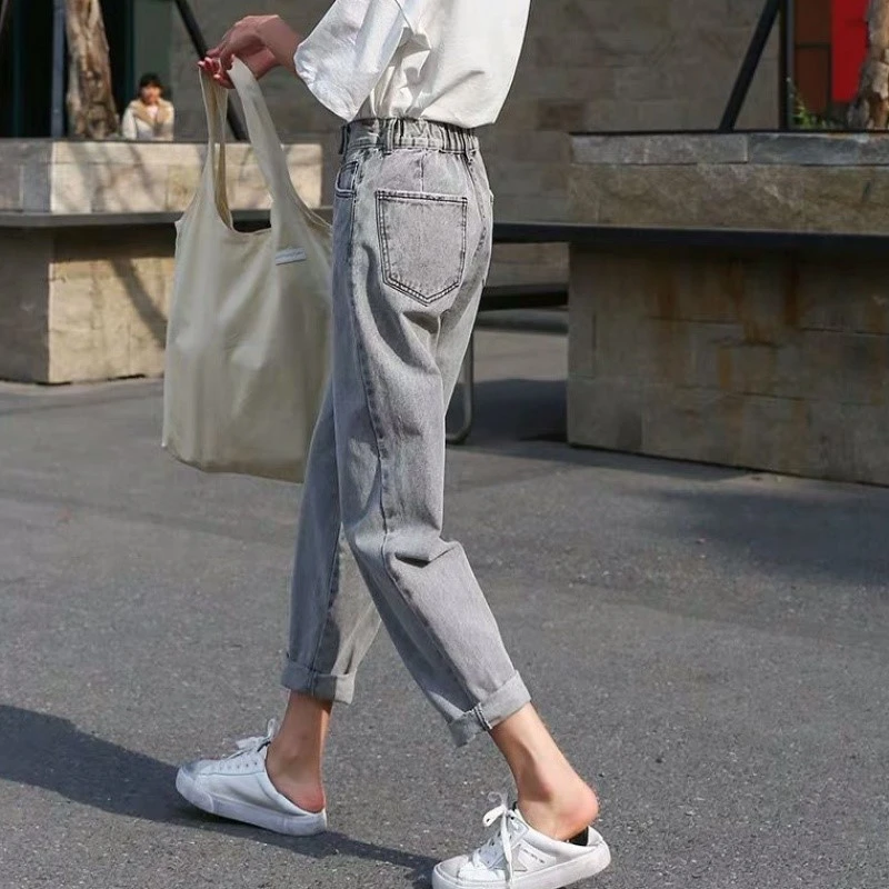 Pantalones vaqueros de cintura mujer, Jeans femeninos de rábano coreano, gris, puntos, Harlan, rectos, estudiantes, otoño|Pantalones vaqueros| - AliExpress