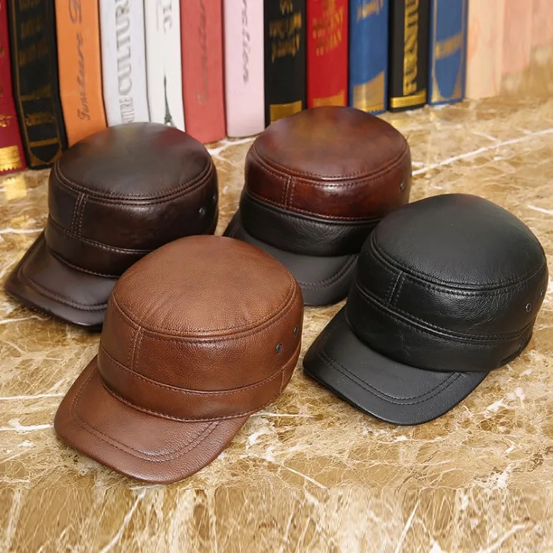 SILOQIN Genuine Leather Hat Men Women Autumn Winter Cowhide Military Hats Adjustable Earmuffs Flat Caps Motion Leisure Bone Cap