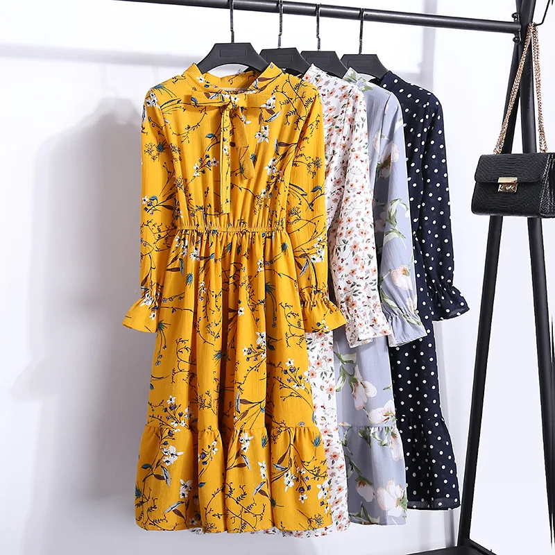 

Chiffon High Elastic Waist Party Dress Bow A-line Women Full Sleeve Flower Print Floral Bohemian Dress Female Vestido Plus Size