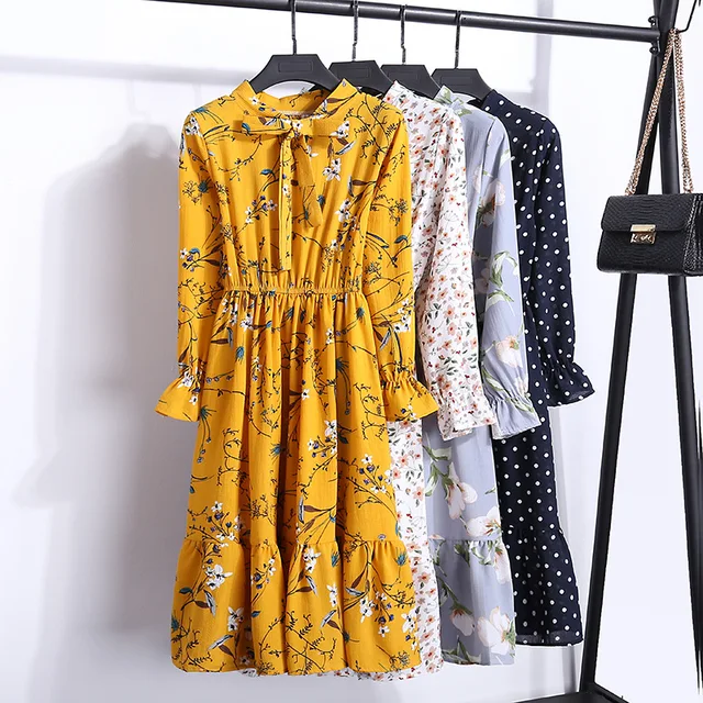 US $9.17 Chiffon High Elastic Waist Party Dress Bow A-line Women Full Sleeve Flower Print Floral Bohemian Dr